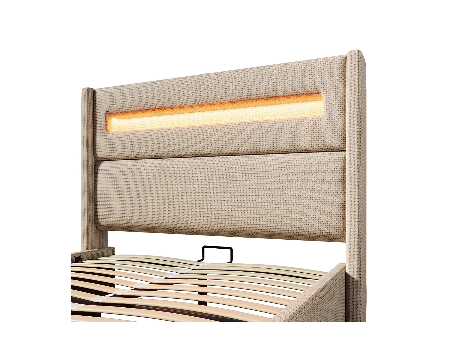 Lit coffre adulte 180x200cm avec LED et USB type-C, tissu en lin beige, sommier à lattes, sans matelas