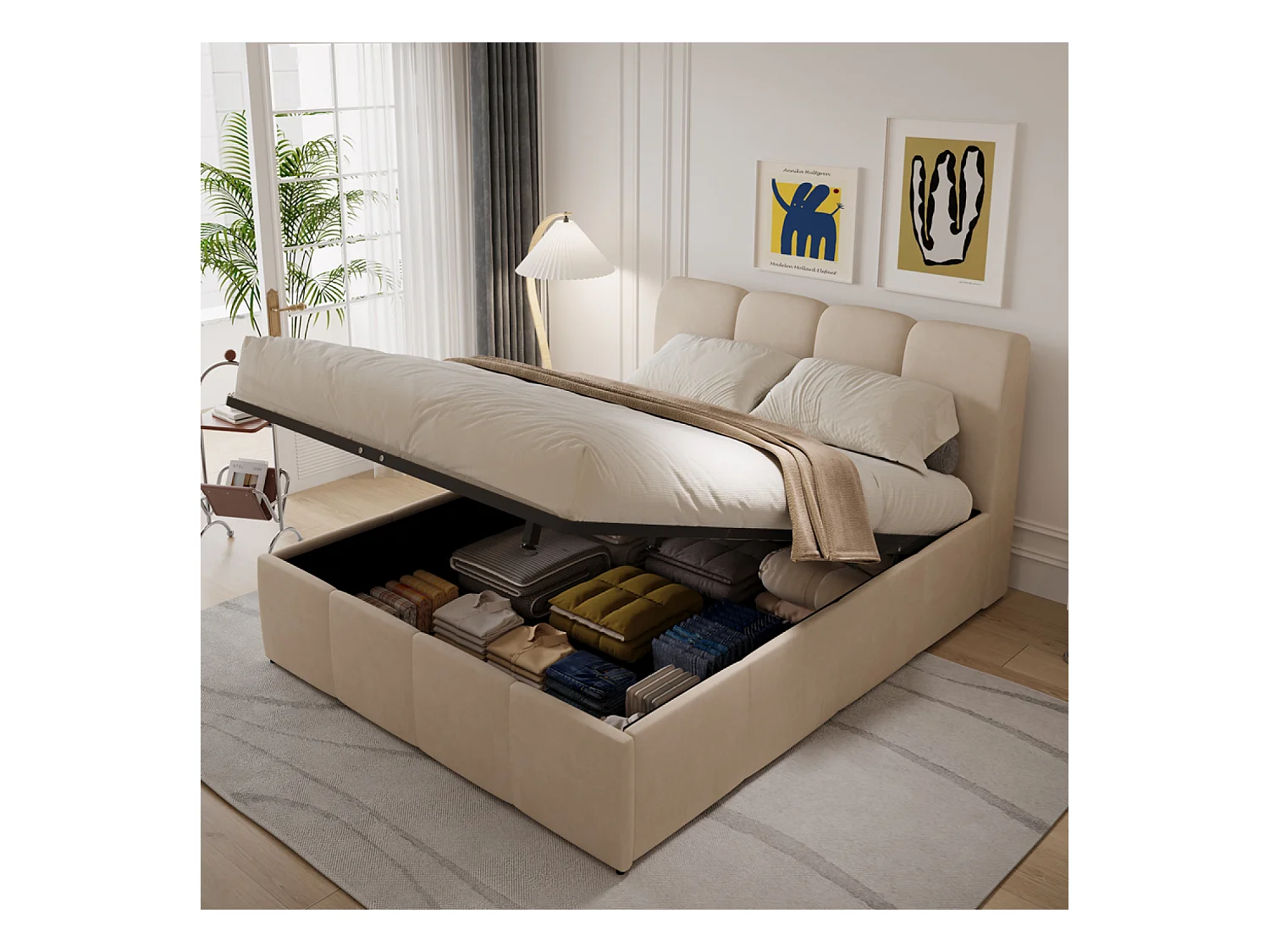 Cama Baú Nube 140x190cm Terciopelo Beige Moderna con Almacenamiento