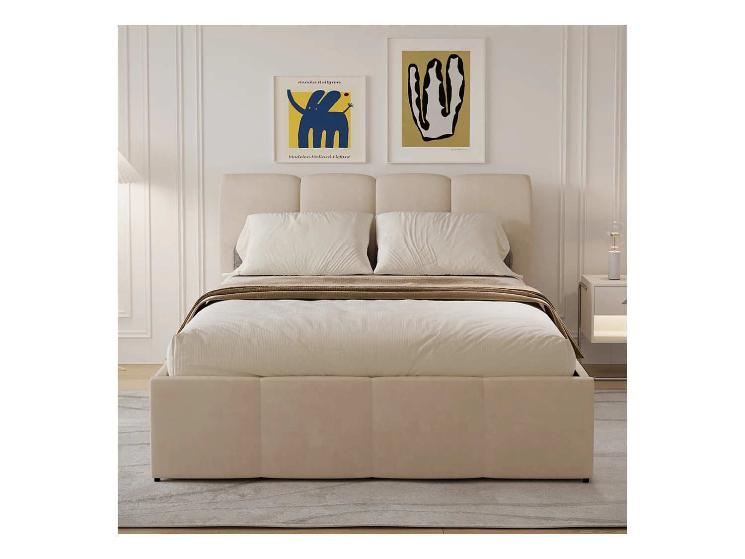 Cama Baú Nube 140x190cm Terciopelo Beige Moderna con Almacenamiento