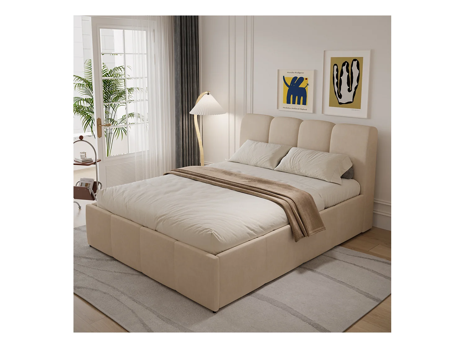 Cama Baú Nube 140x190cm Terciopelo Beige Moderna con Almacenamiento