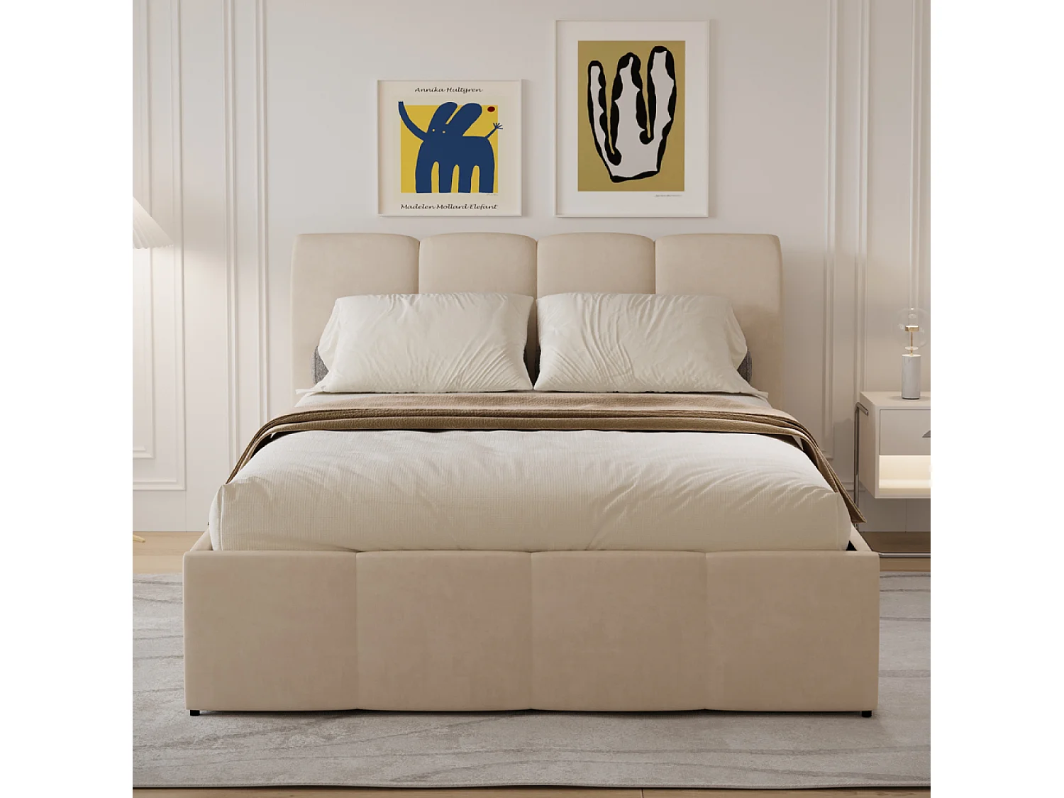 Cama Baú Nube 140x190cm Terciopelo Beige Moderna con Almacenamiento