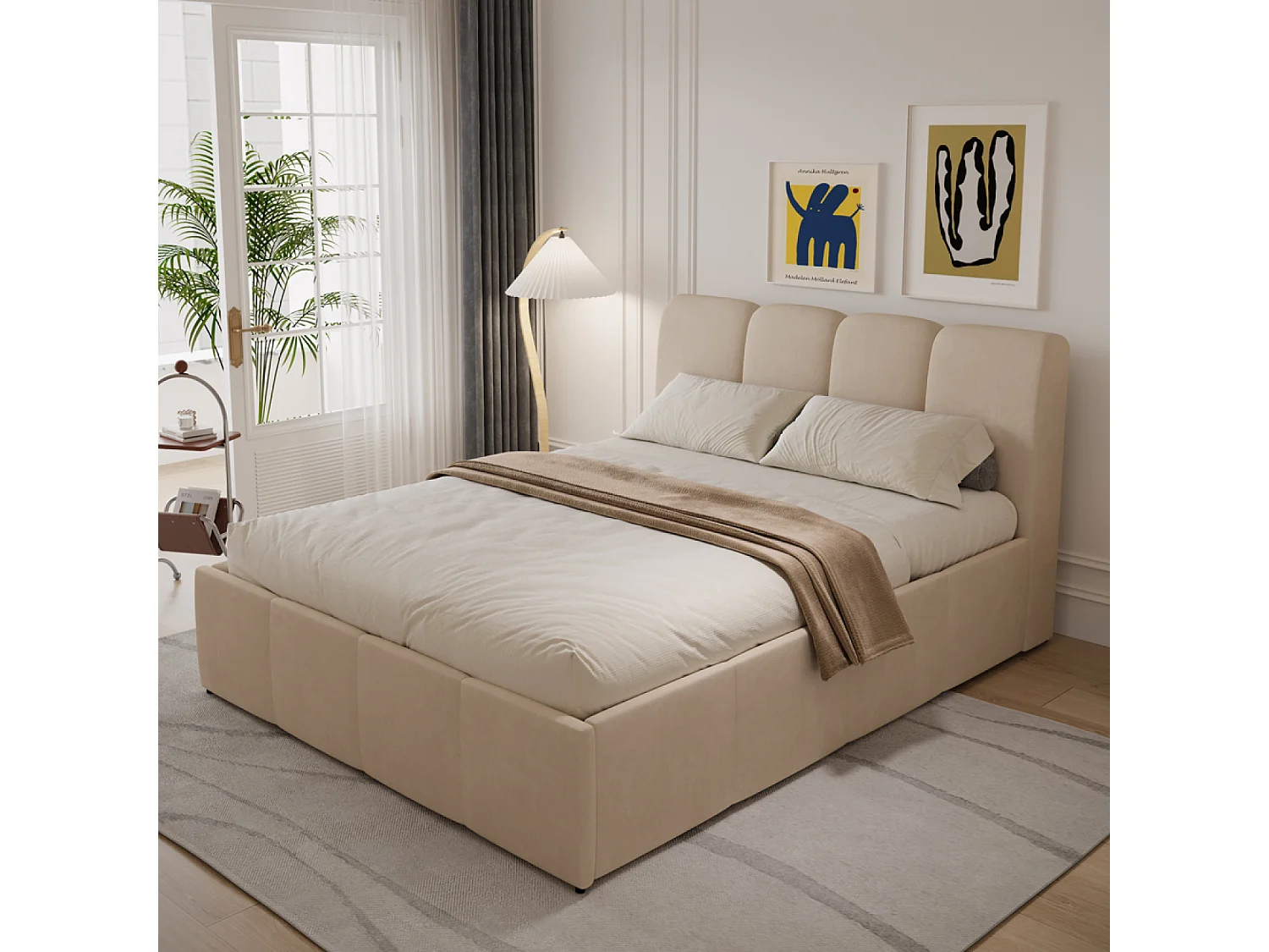 Cama Baú Nube 140x190cm Terciopelo Beige Moderna con Almacenamiento