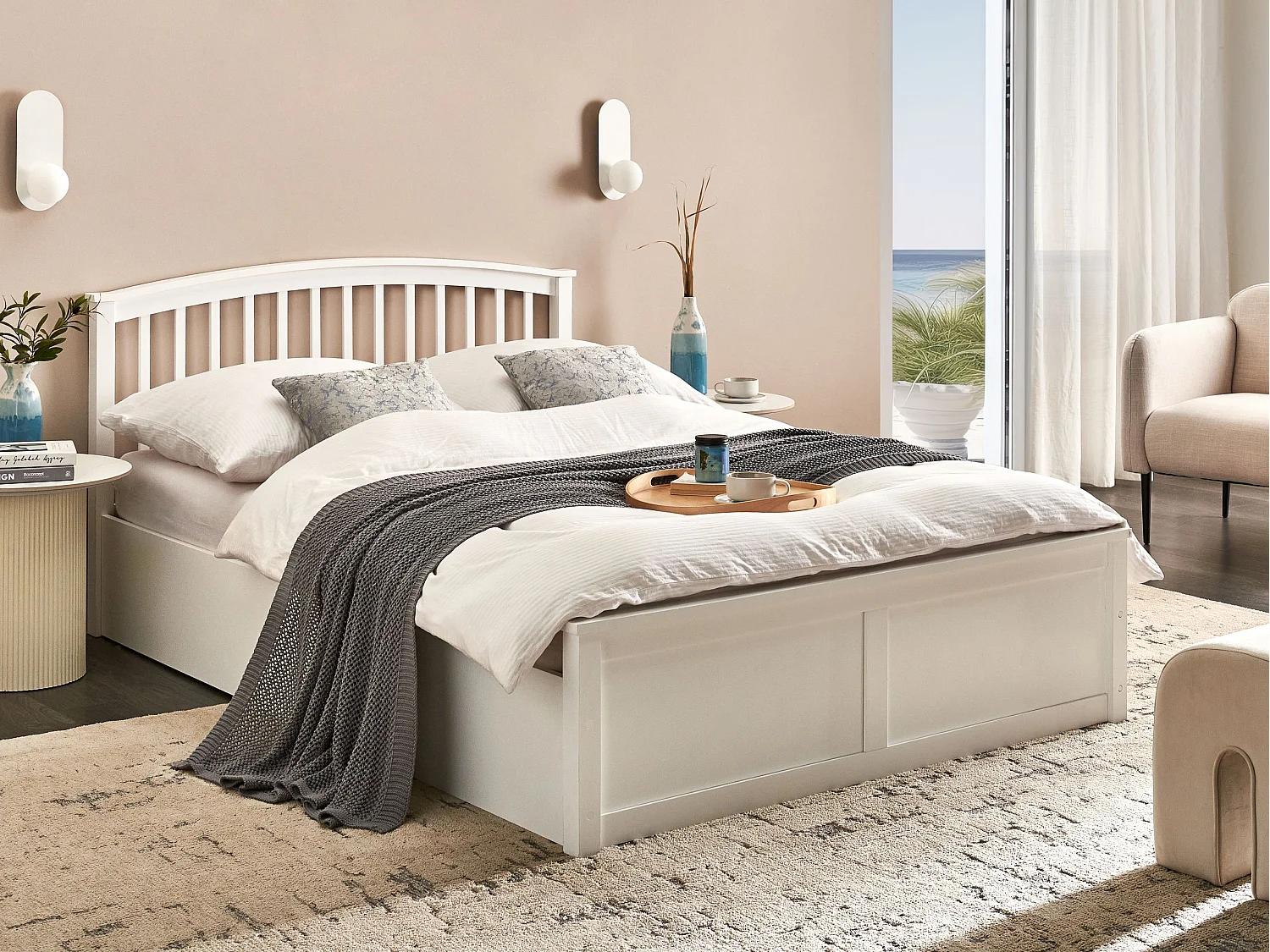 Lit ottoman Bois de pin CLARBEC 140 x 200 cm Blanc