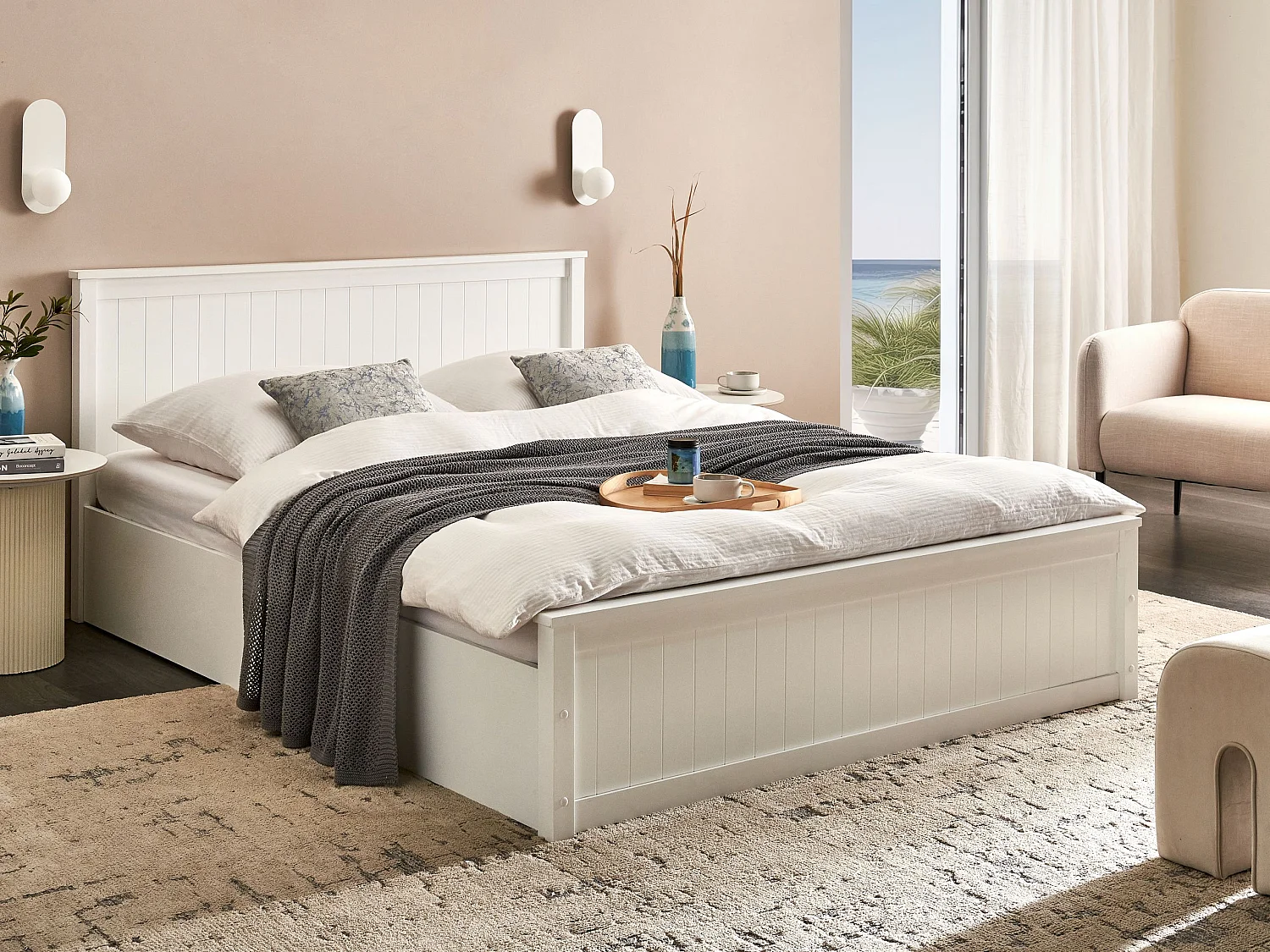 Bett mit Stauraum Kiefernholz LAMBRES 160 x 200 cm Weiss