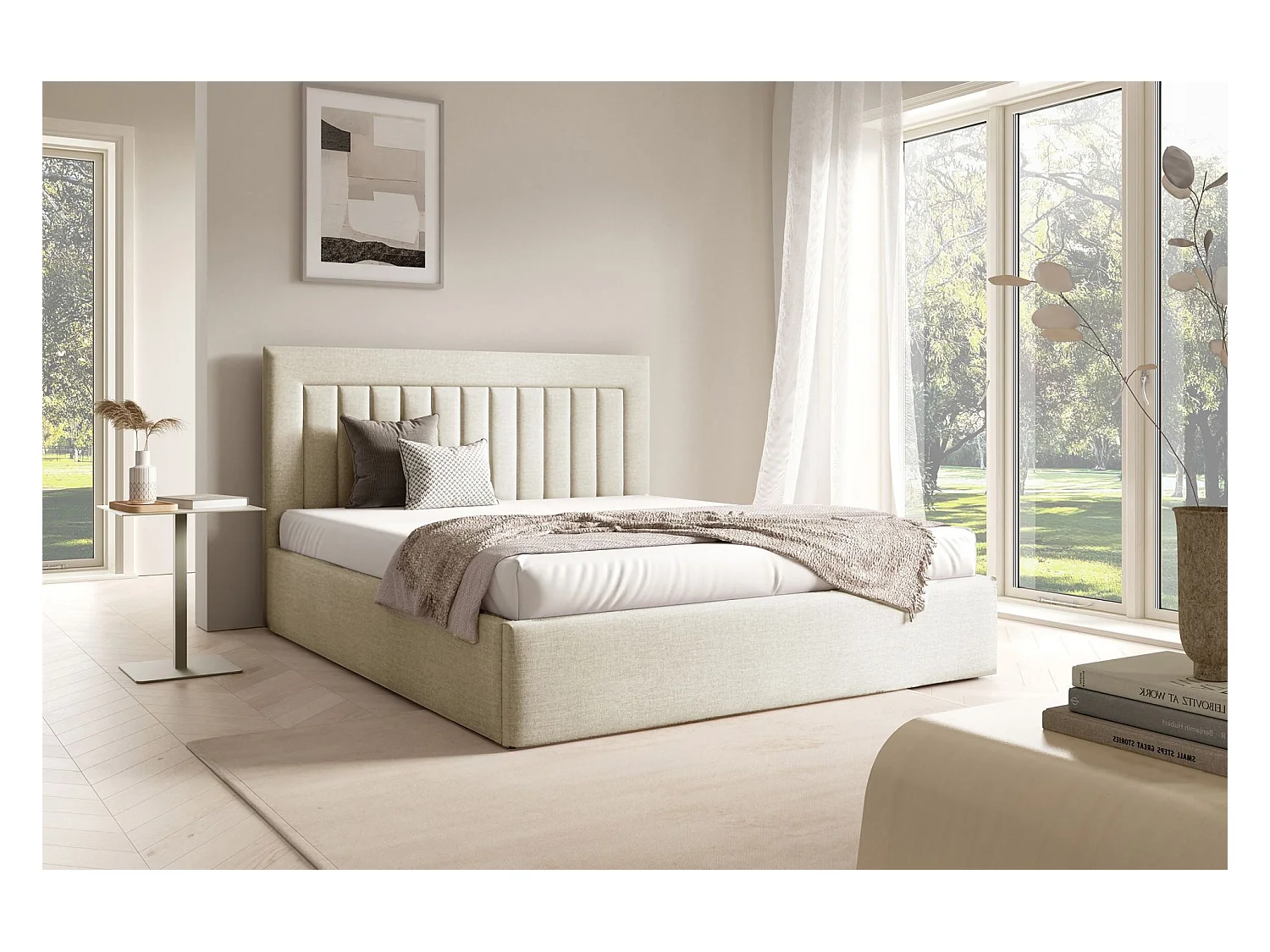 Polsterbett 180x200 - Bettkasten - hellbeige Velours - AVERIN