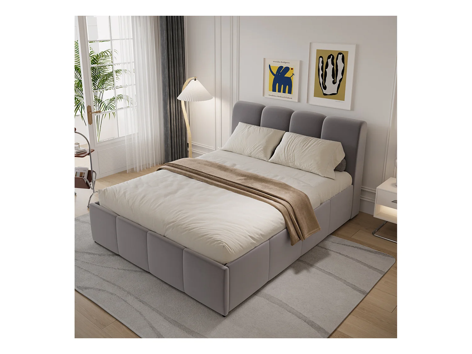 Lit nuage coffre 140x190cm velours gris BALTIMORE