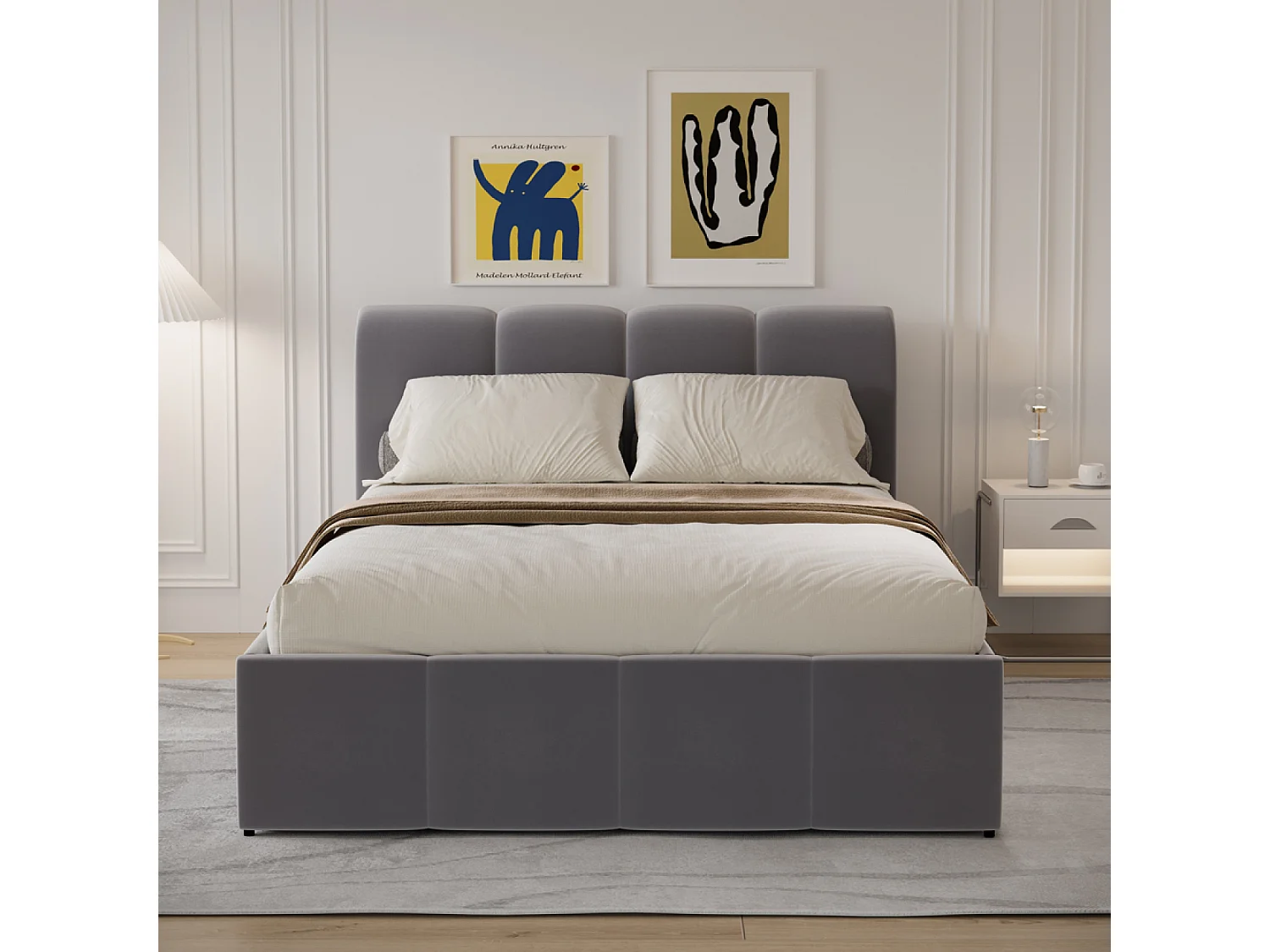 Cama baú nube 140x190cm terciopelo gris moderna y práctica