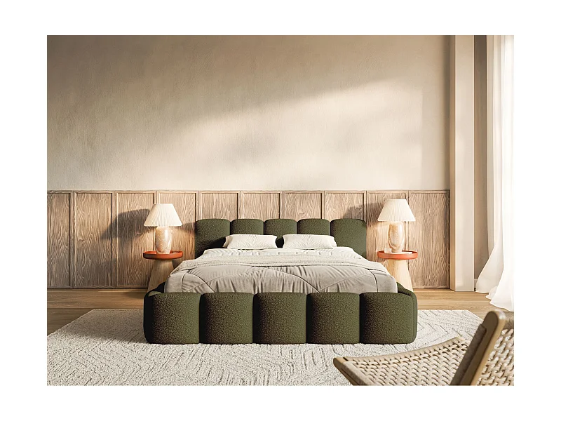 Polsterbett 200x200 - Holzlattenrost - olivgrün Bouclé - CLOUDY LOW
