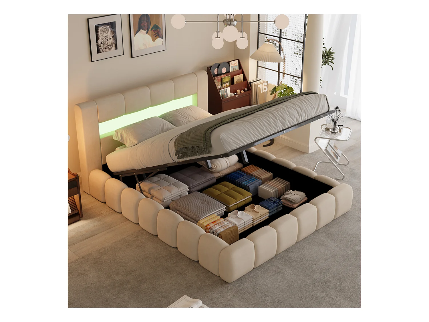 Lit nuage coffre LED 160x200cm velours beige OMAHA