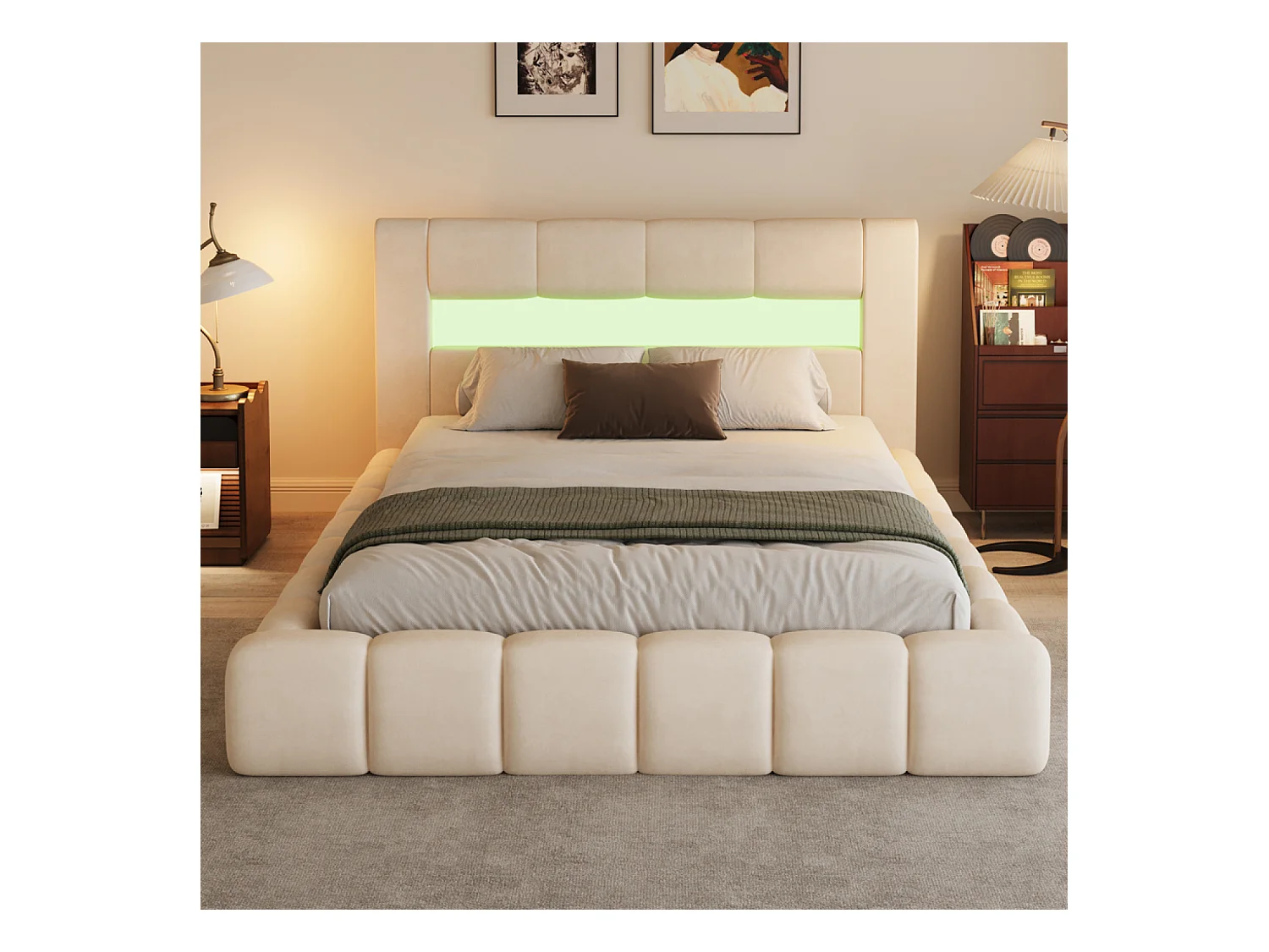 Lit nuage coffre LED 160x200cm velours beige OMAHA