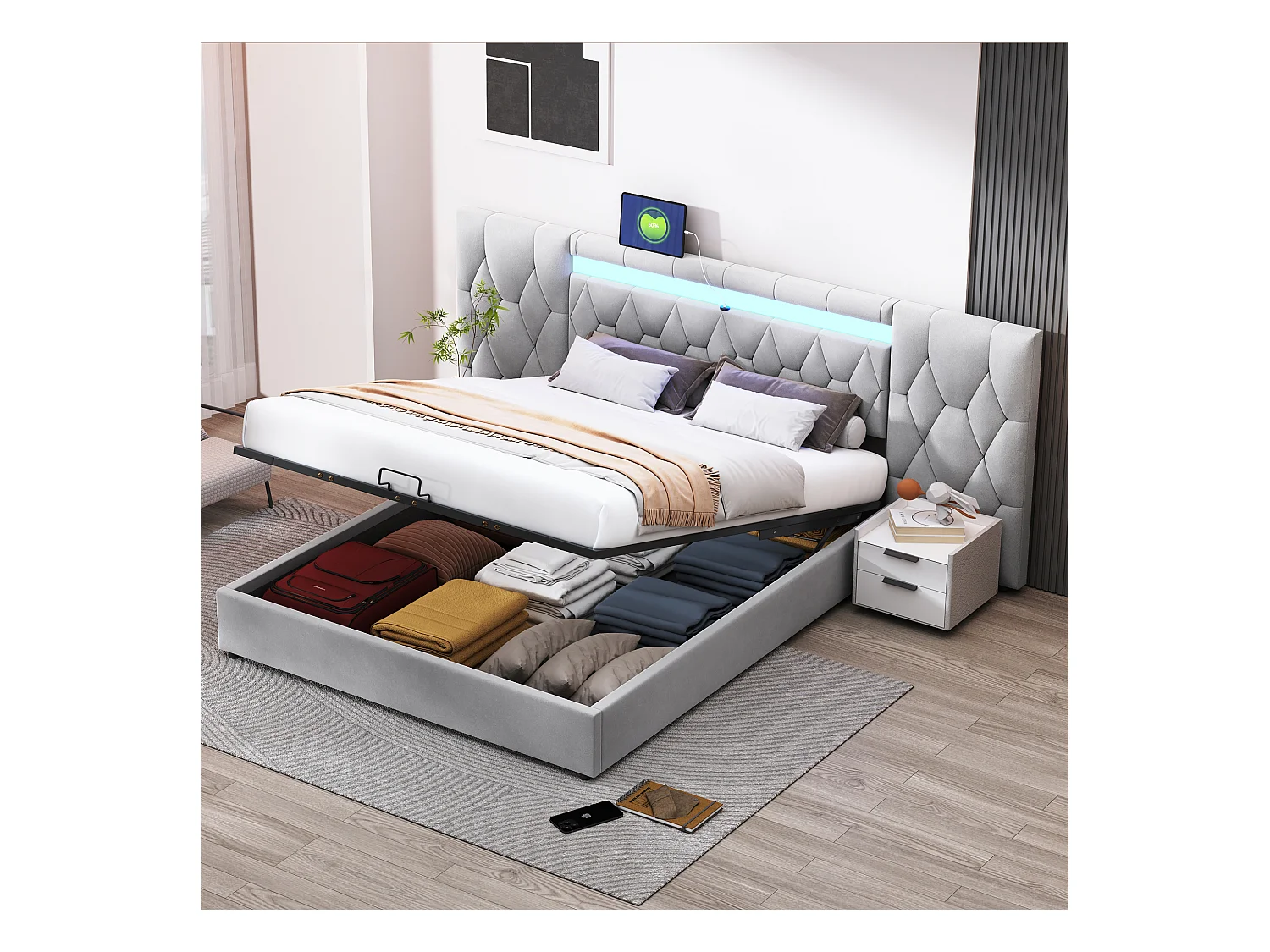 Lit coffre adulte 180x200cm avec LED et USB, tête de lit large, en velours gris, sans matelas