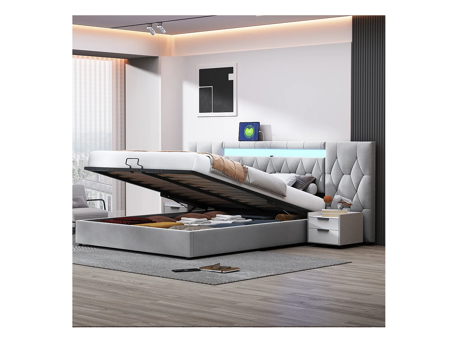 Lit coffre adulte 180x200cm avec LED et USB, tête de lit large, en velours gris, sans matelas