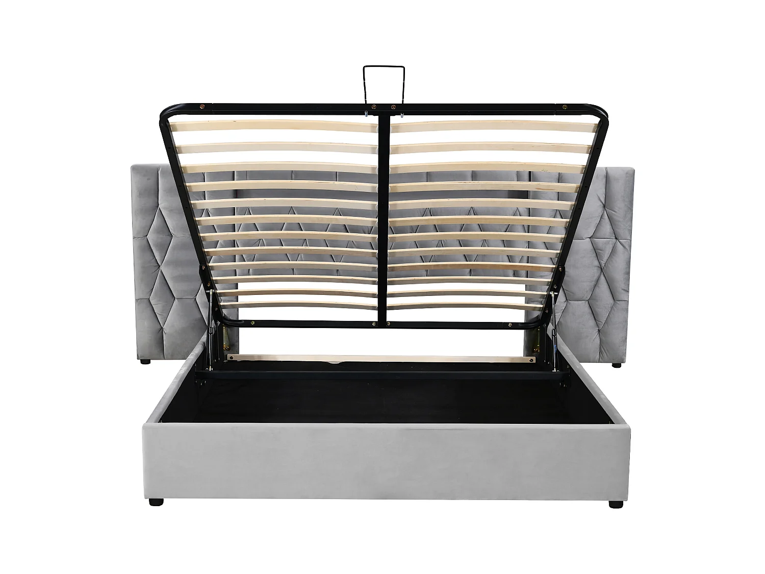 Lit coffre adulte 180x200cm avec LED et USB, tête de lit large, en velours gris, sans matelas