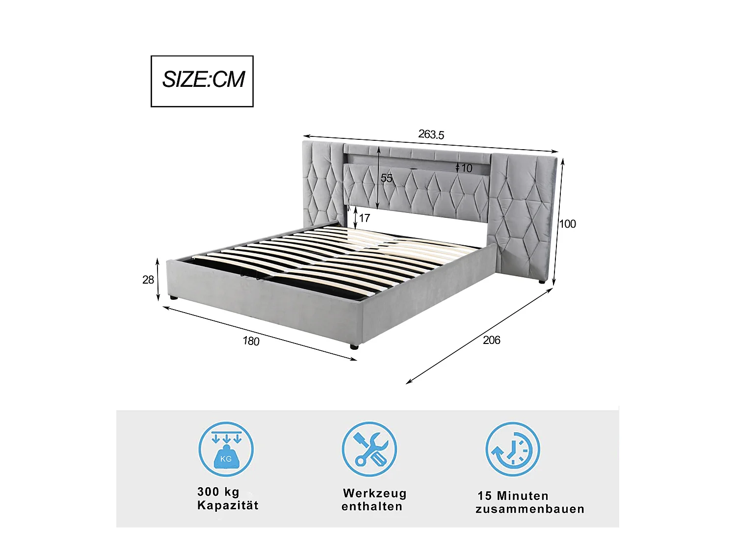 Lit coffre adulte 180x200cm avec LED et USB, tête de lit large, en velours gris, sans matelas