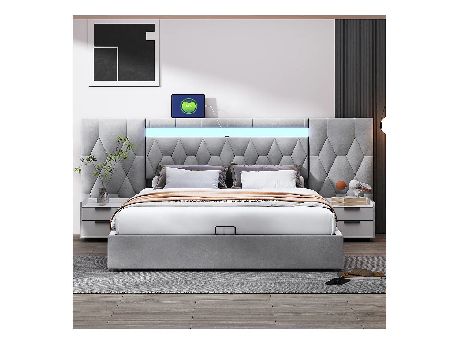 Lit coffre adulte 180x200cm avec LED et USB, tête de lit large, en velours gris, sans matelas