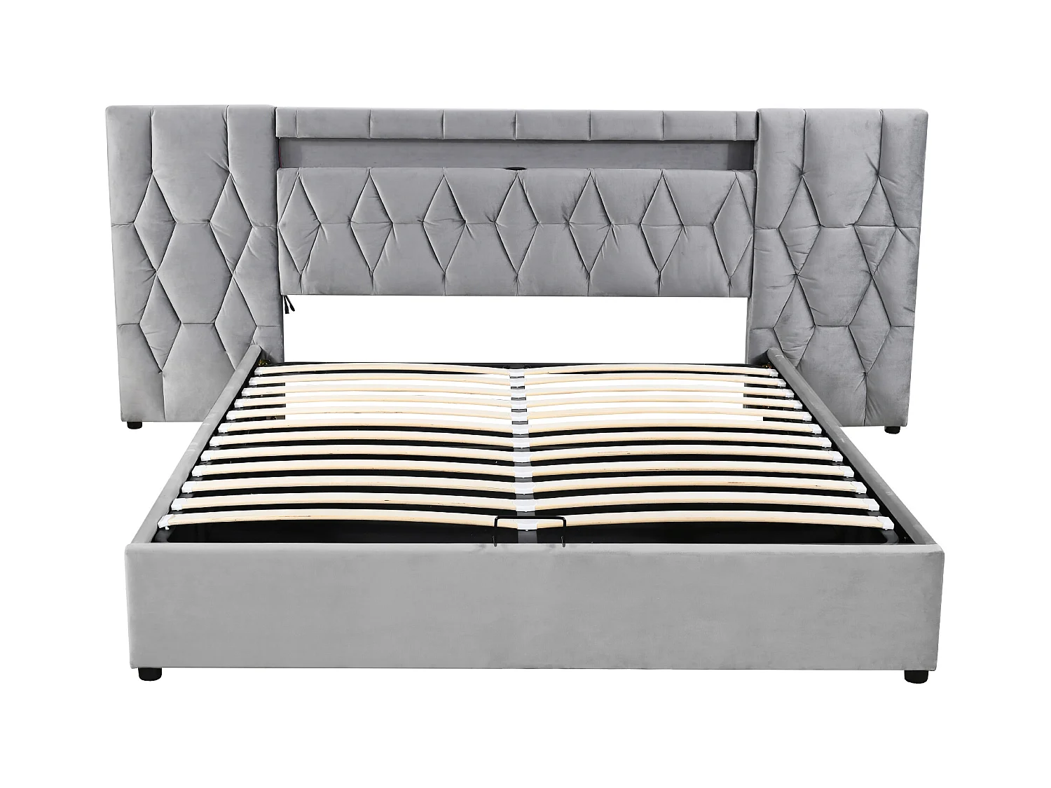 Lit coffre adulte 180x200cm avec LED et USB, tête de lit large, en velours gris, sans matelas