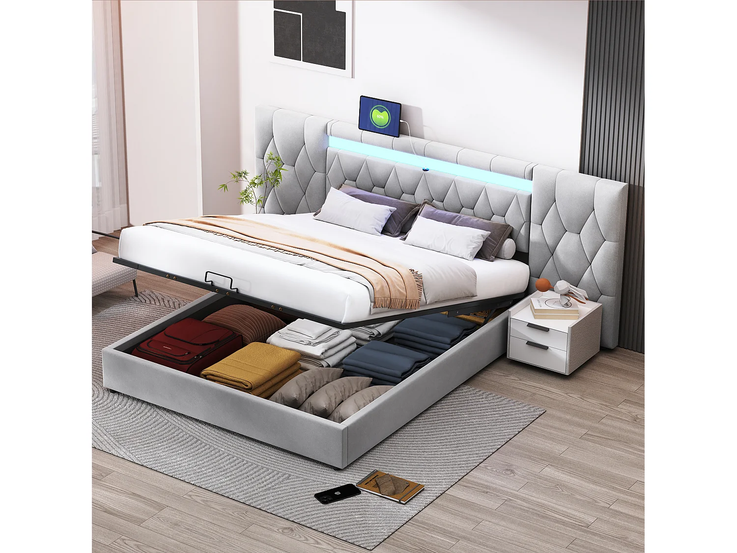 Letto contenitore per adulti 180x200cm con LED e USB, testiera larga, in velluto grigio, senza materasso