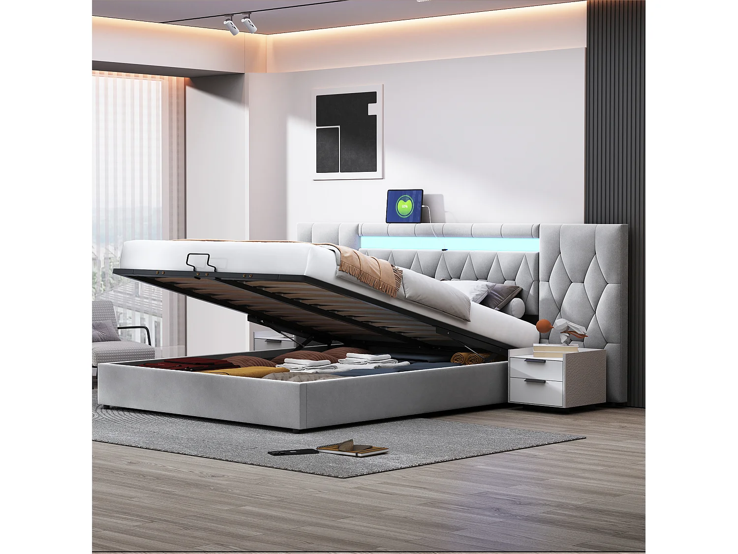 Letto contenitore per adulti 180x200cm con LED e USB, testiera larga, in velluto grigio, senza materasso