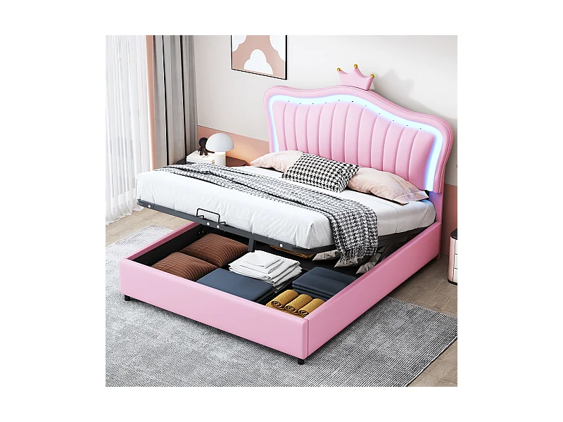 Lit coffre enfant 140x200cm avec LED et tête de lit réglable en forme de couronne, PU rose, sans matelas