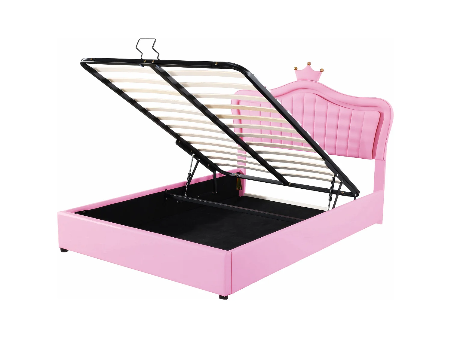 Cama infantil com arrumação 140x200cm com LED e cabeceira ajustável em forma de coroa, PU rosa, sem colchão