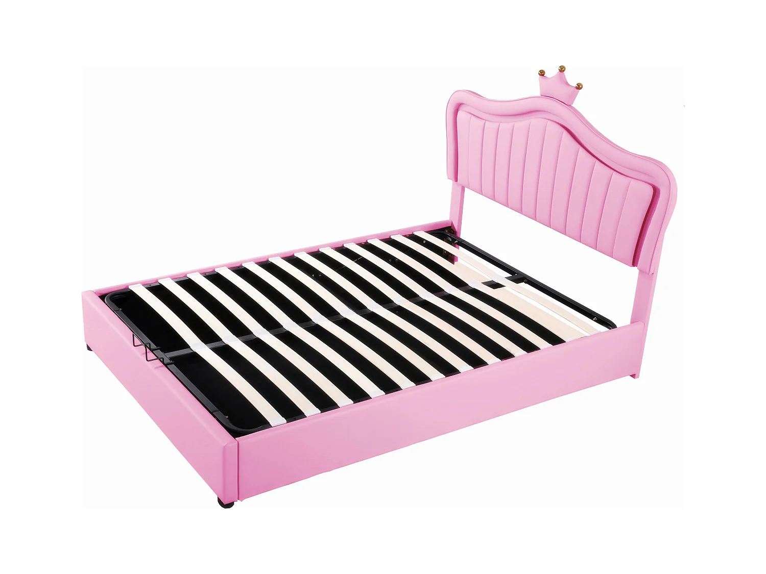 Cama infantil com arrumação 140x200cm com LED e cabeceira ajustável em forma de coroa, PU rosa, sem colchão