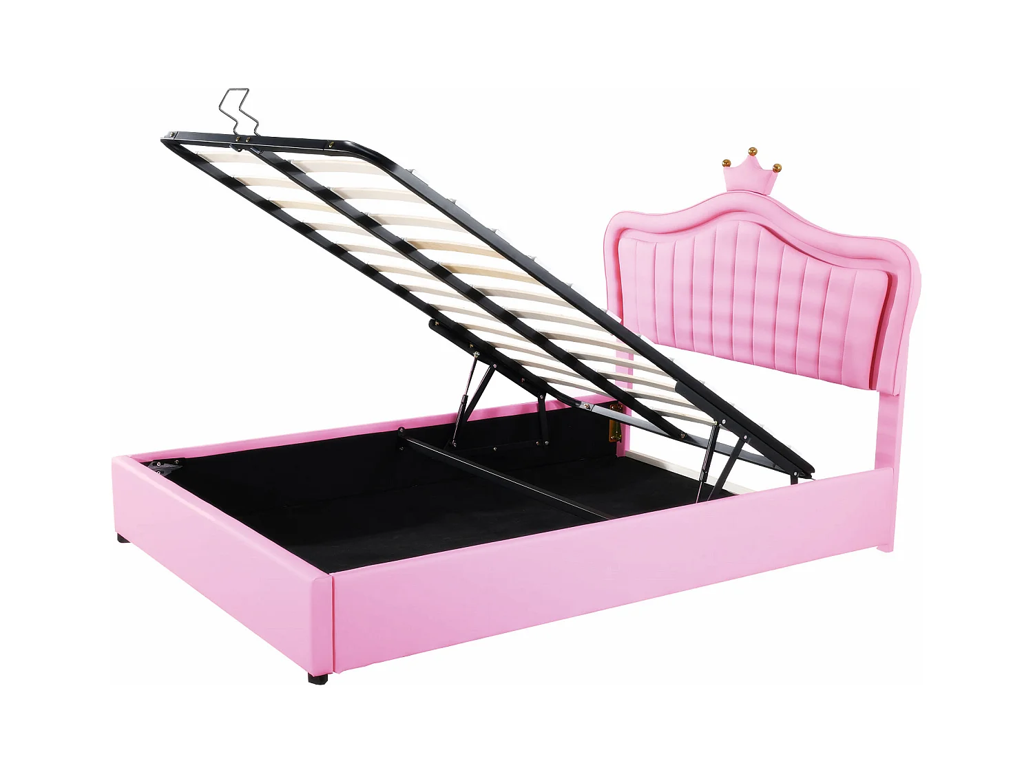 Cama infantil com arrumação 140x200cm com LED e cabeceira ajustável em forma de coroa, PU rosa, sem colchão