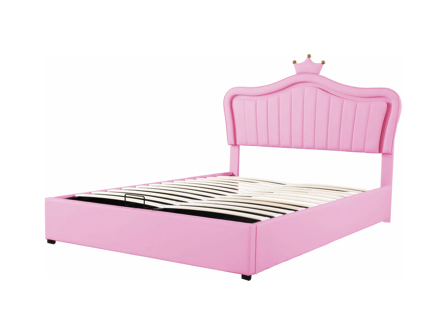 Cama infantil com arrumação 140x200cm com LED e cabeceira ajustável em forma de coroa, PU rosa, sem colchão
