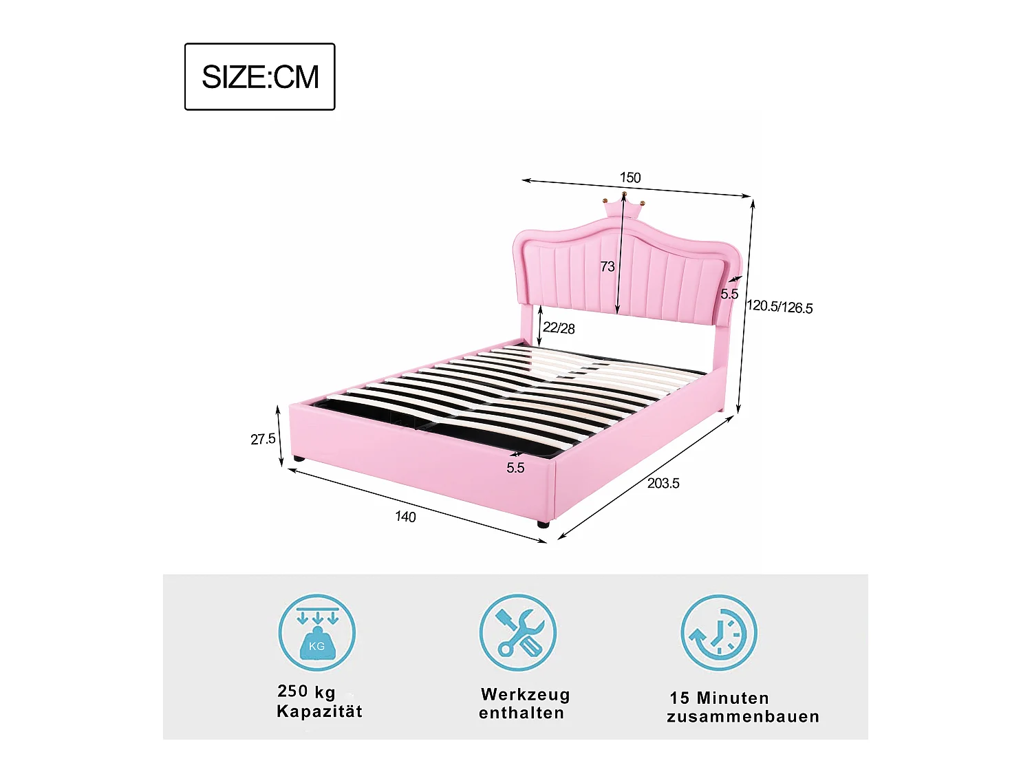 Lit coffre enfant 140x200cm avec LED et tête de lit réglable en forme de couronne, PU rose, sans matelas