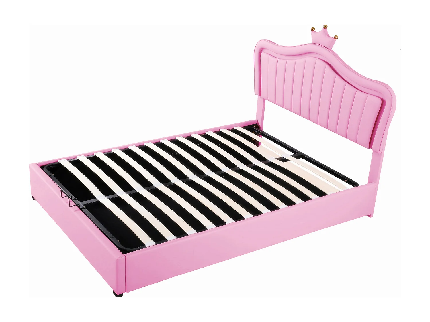 Lit coffre enfant 140x200cm avec LED et tête de lit réglable en forme de couronne, PU rose, sans matelas