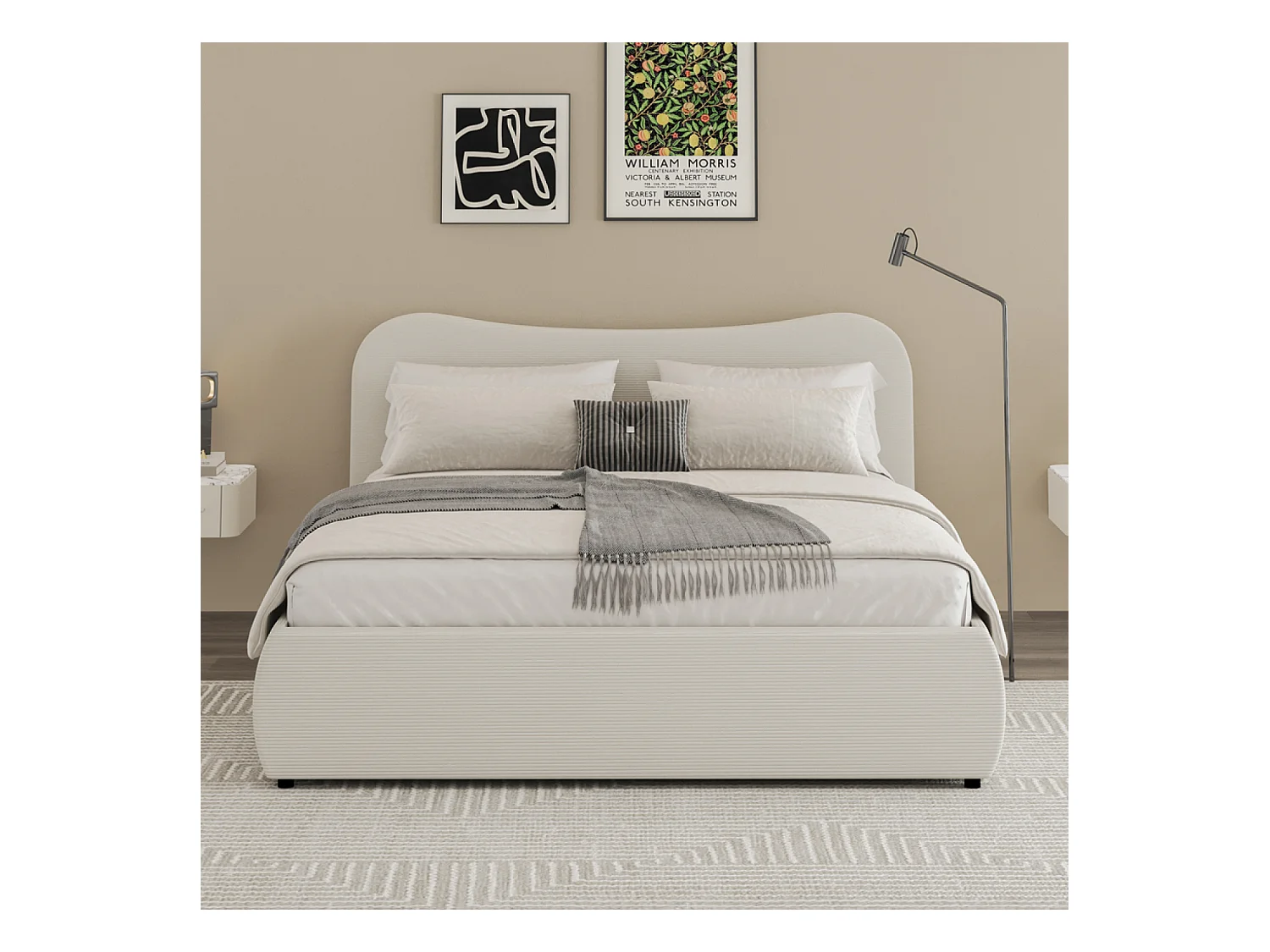 Lit coffre 140x190cm design arrondi velours côtelé beige PLANO