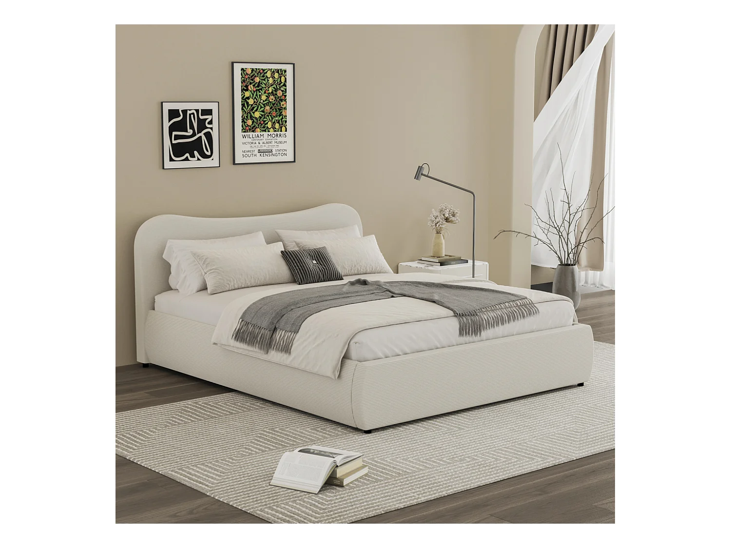 Lit coffre 140x190cm design arrondi velours côtelé beige PLANO