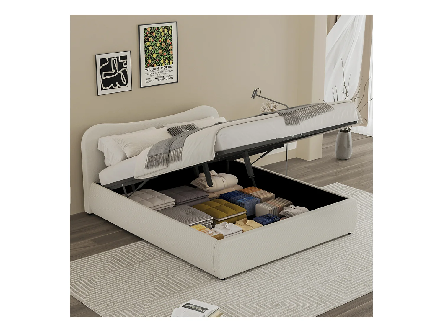 Lit coffre 140x190cm design arrondi velours côtelé beige PLANO