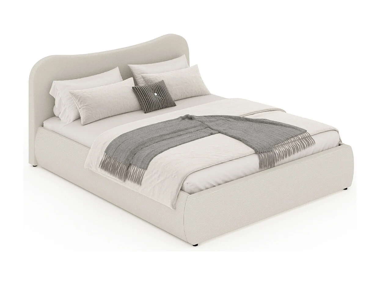 Lit coffre 140x190cm design arrondi velours côtelé beige PLANO