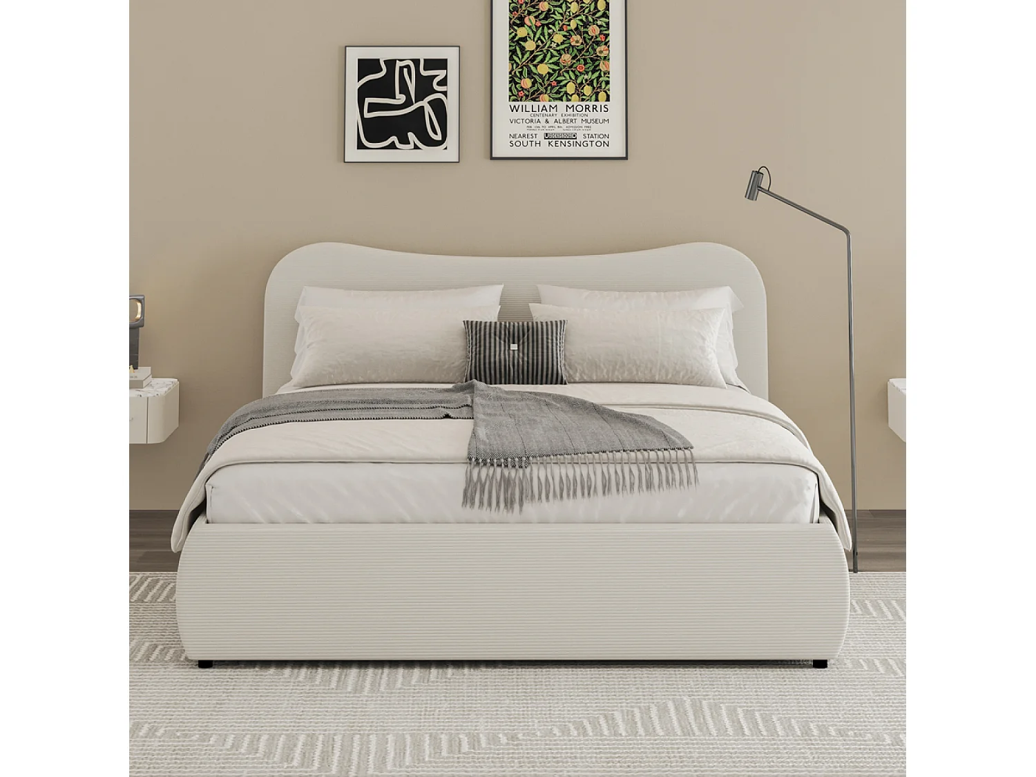 Cama baú 140x190cm design em veludo cotelê bege arredondado