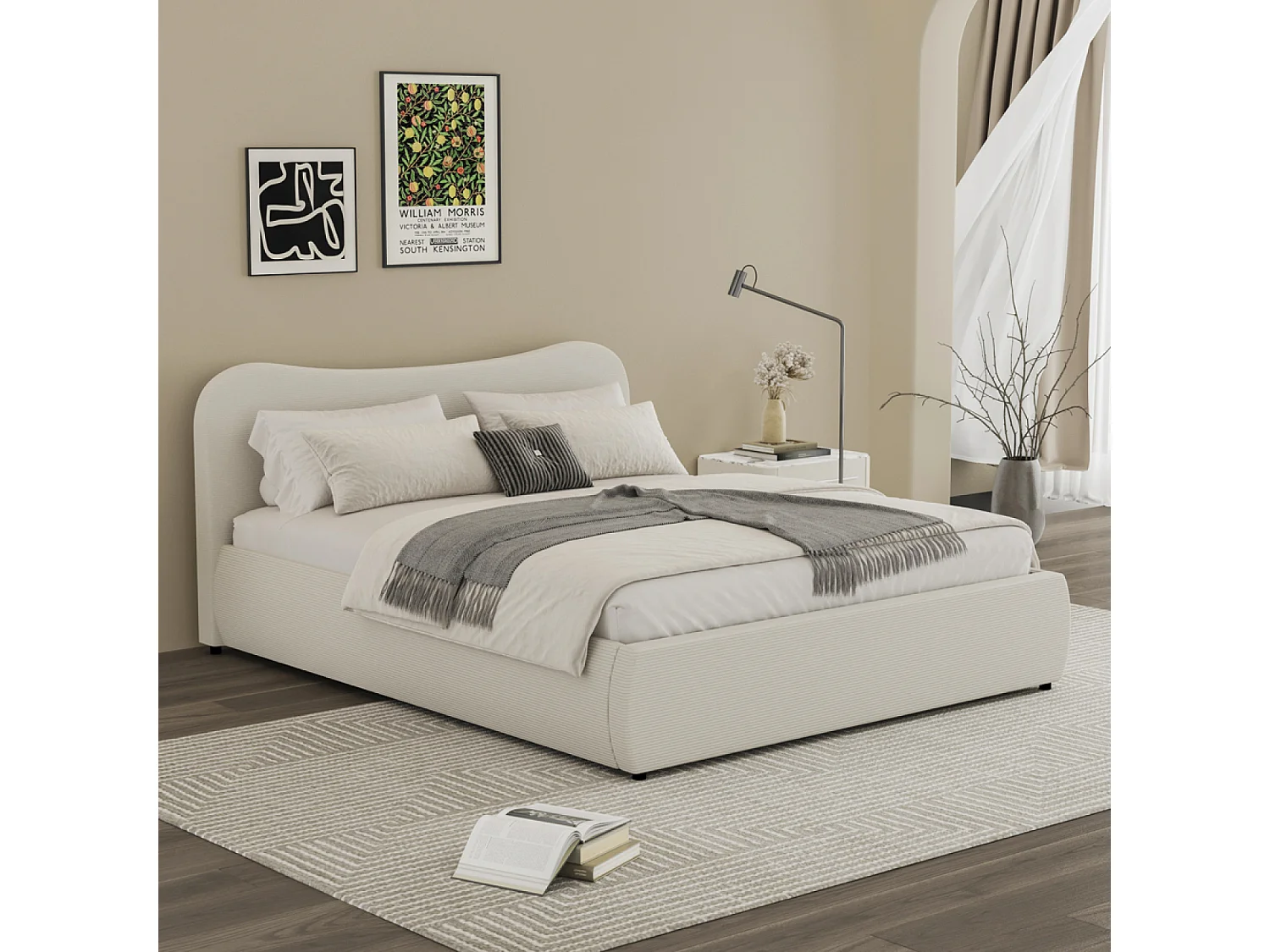 Cama baú 140x190cm design em veludo cotelê bege arredondado