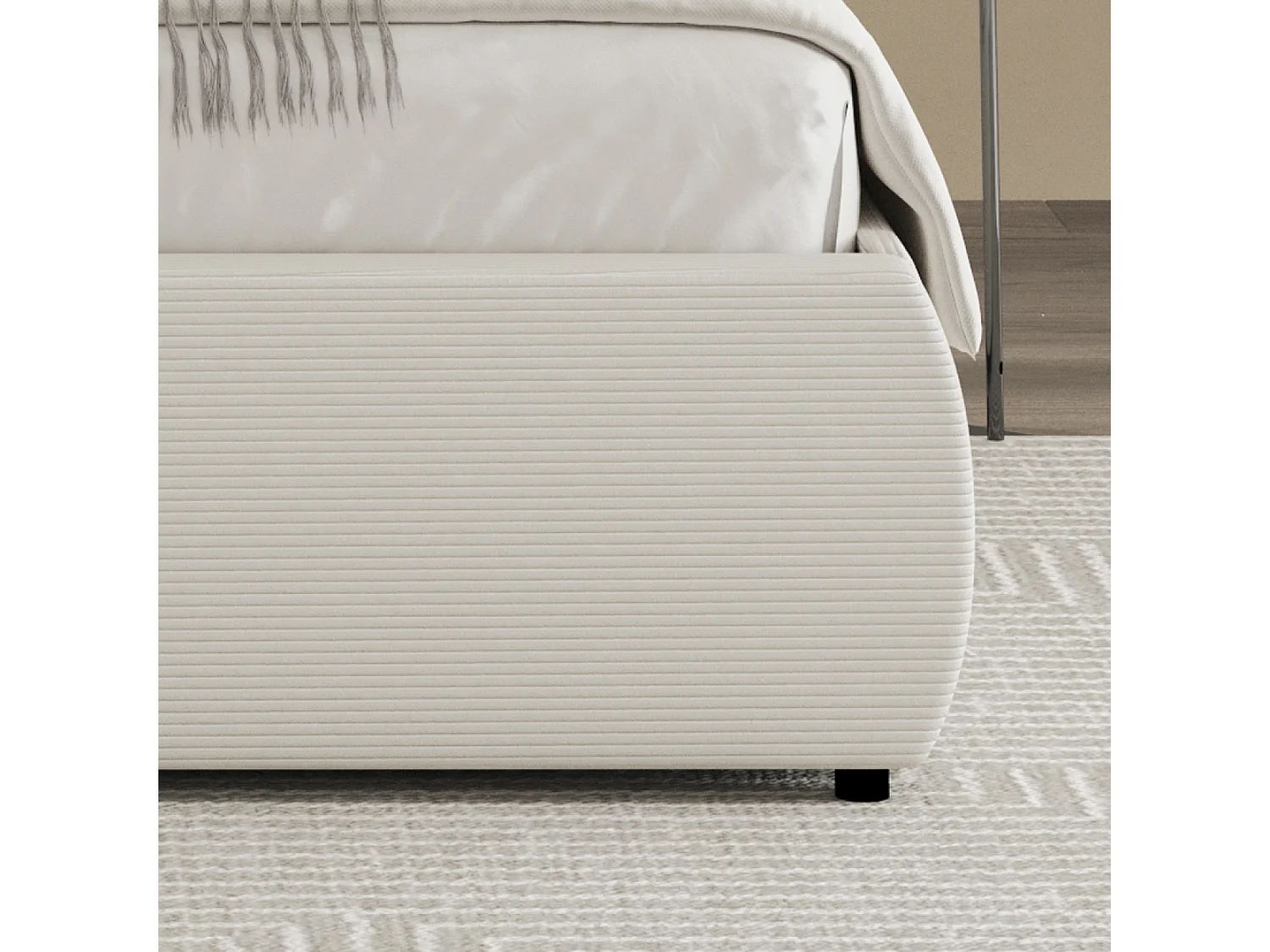 Cama baú 140x190cm design em veludo cotelê bege arredondado