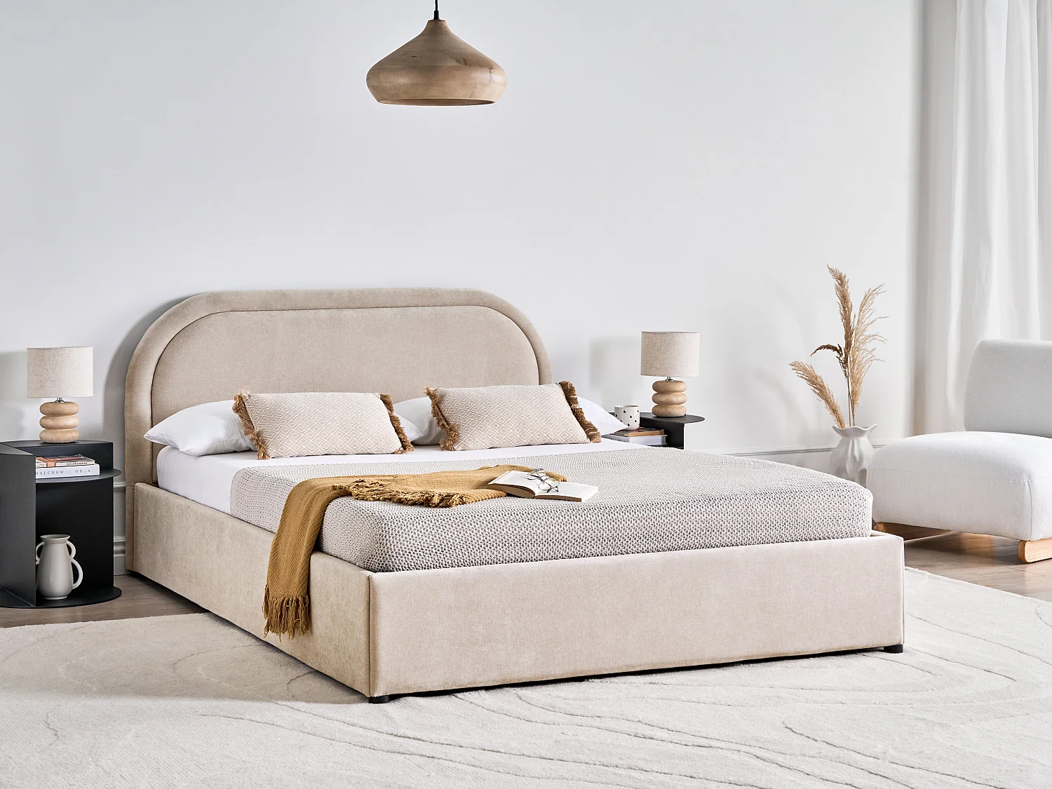 Ottoman Bed QUILLIEN Chenille Light Beige 140 x 200 cm (EU Double)