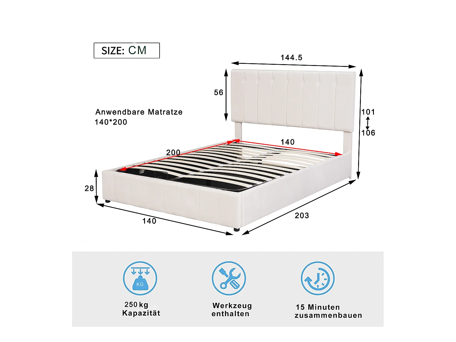 Lit coffre adulte 140x200cm, tête de lit réglable en hauteur, sommier à lattes, en velours crème blanc, sans matelas