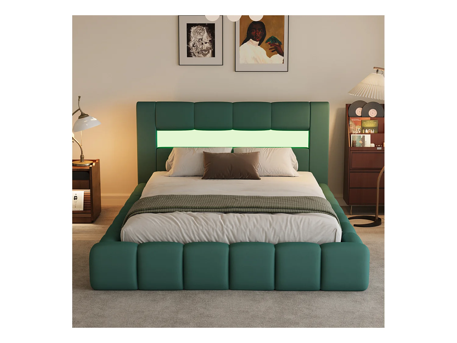 Lit nuage coffre LED 160x200cm velours vert OMAHA