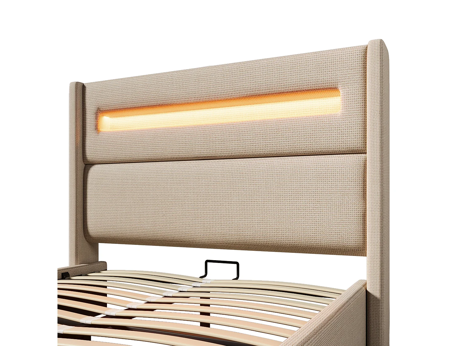 Lit coffre adulte 160x200cm avec LED et USB type-C, tissu en lin beige, sommier à lattes, sans matelas