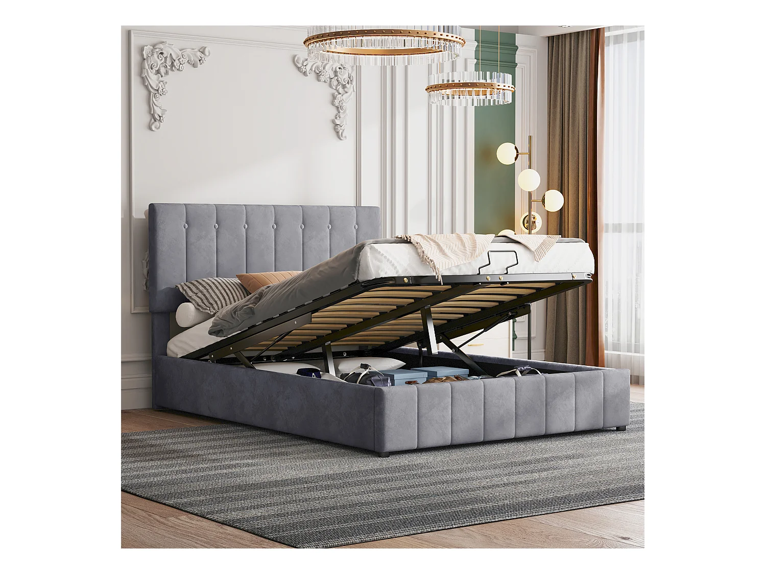 Lit coffre adulte 140x200cm, tête de lit réglable en hauteur, sommier à lattes, en velours gris, sans matelas