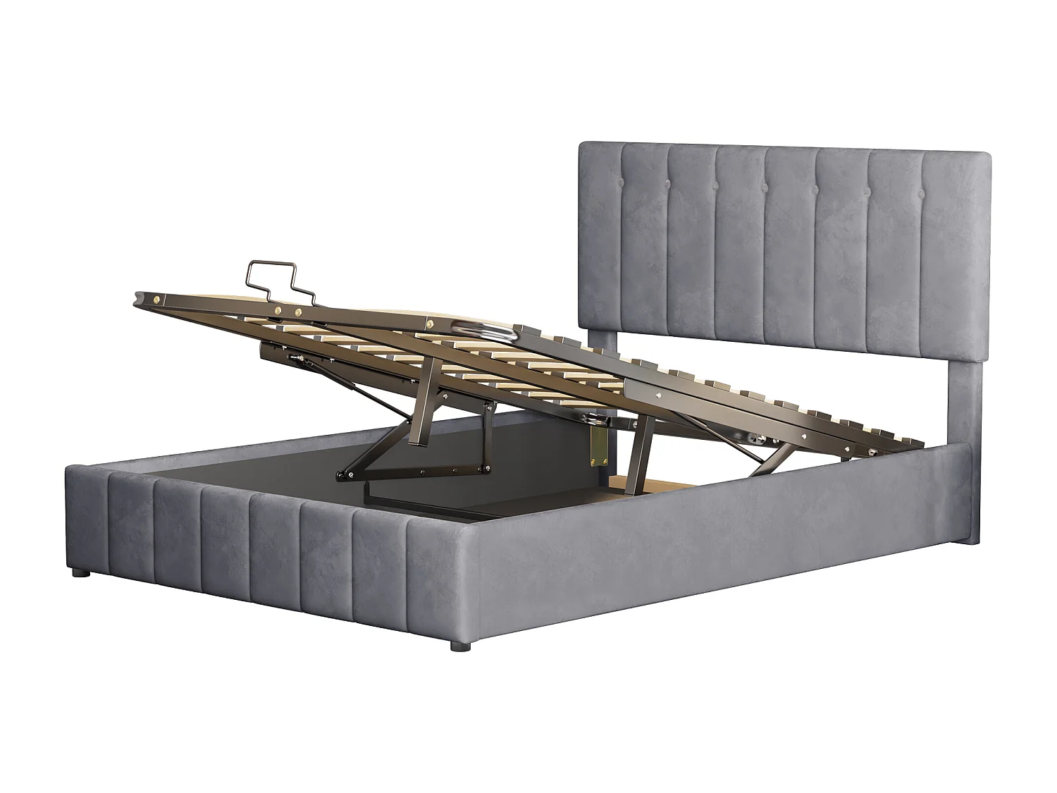 Cama de arrumação para adulto 140x200 cm, cabeceira regulável em altura, estrado de ripas, em veludo cinzento, sem colchão