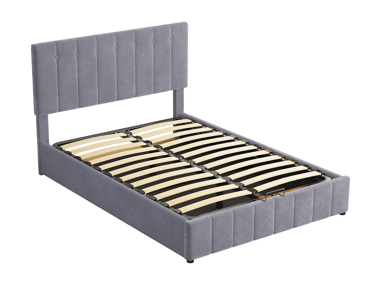 Cama de arrumação para adulto 140x200 cm, cabeceira regulável em altura, estrado de ripas, em veludo cinzento, sem colchão