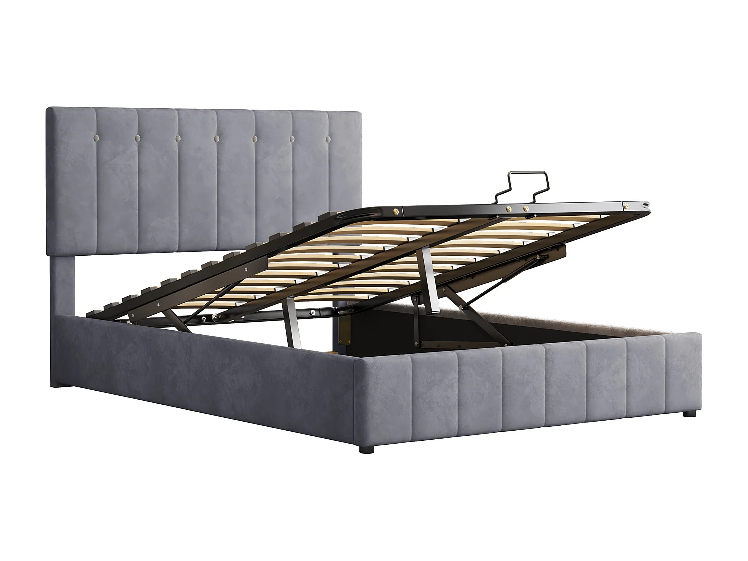 Cama de arrumação para adulto 140x200 cm, cabeceira regulável em altura, estrado de ripas, em veludo cinzento, sem colchão