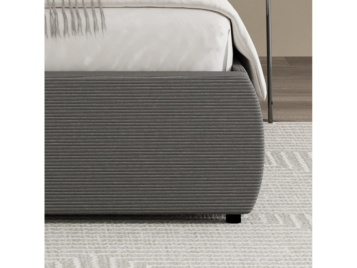 Lit coffre 140x190cm design arrondi velours côtelé gris PLANO