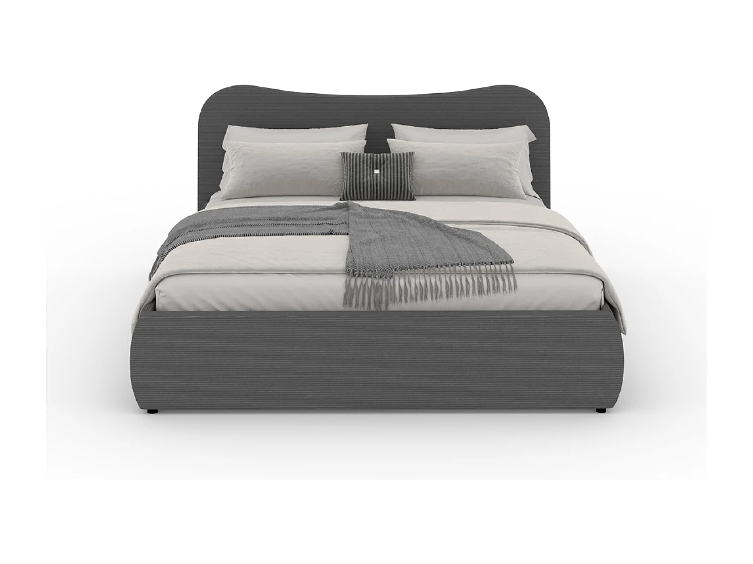 Lit coffre 140x190cm design arrondi velours côtelé gris PLANO