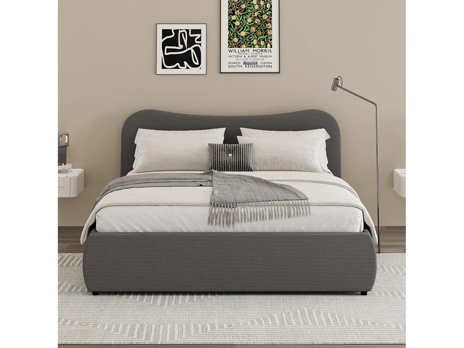 Lit coffre 140x190cm design arrondi velours côtelé gris PLANO