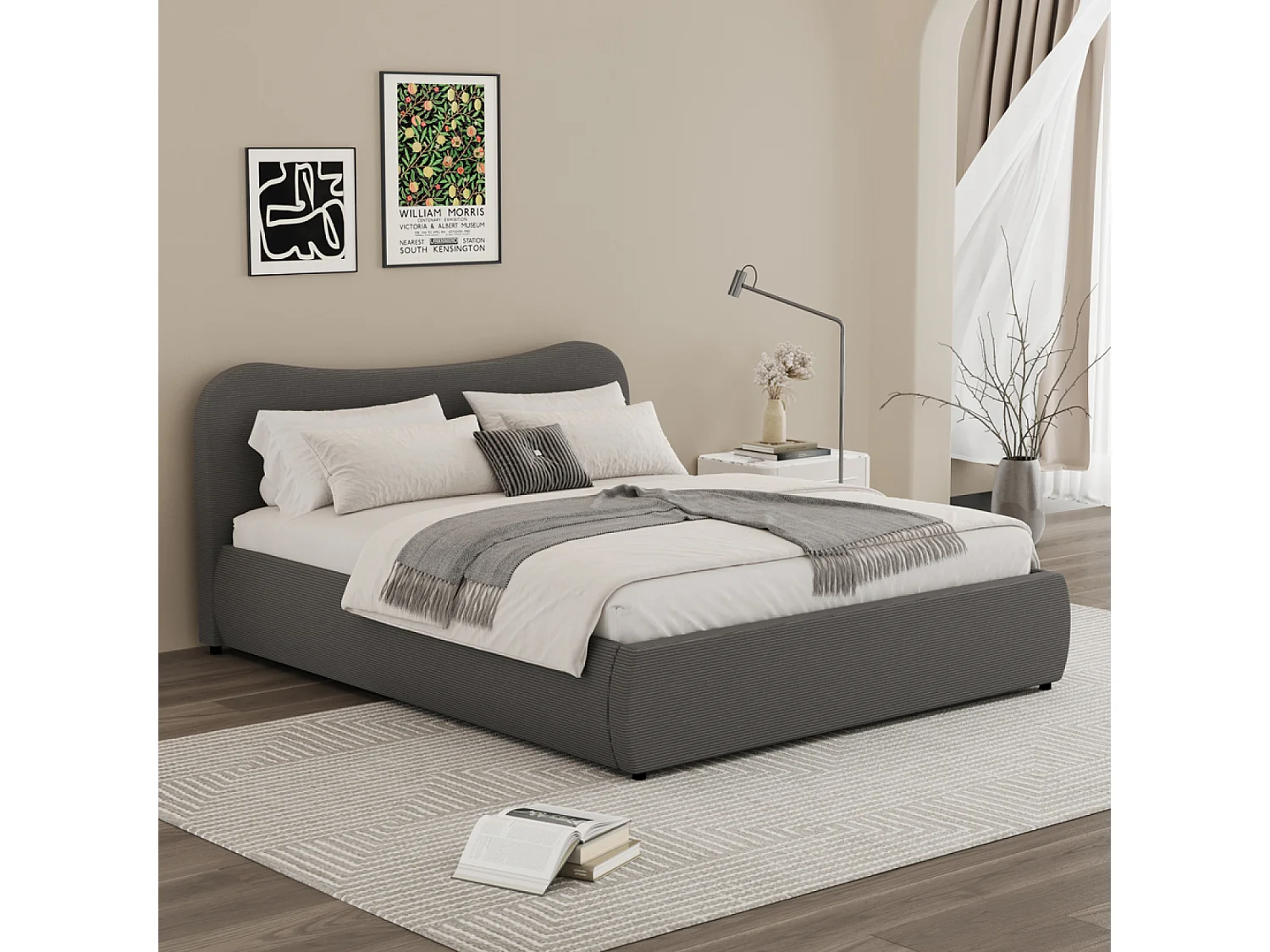 Lit coffre 140x190cm design arrondi velours côtelé gris PLANO