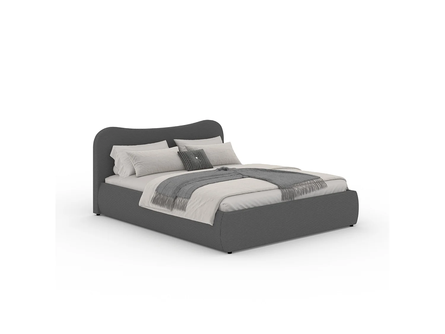 Lit coffre 140x190cm design arrondi velours côtelé gris PLANO