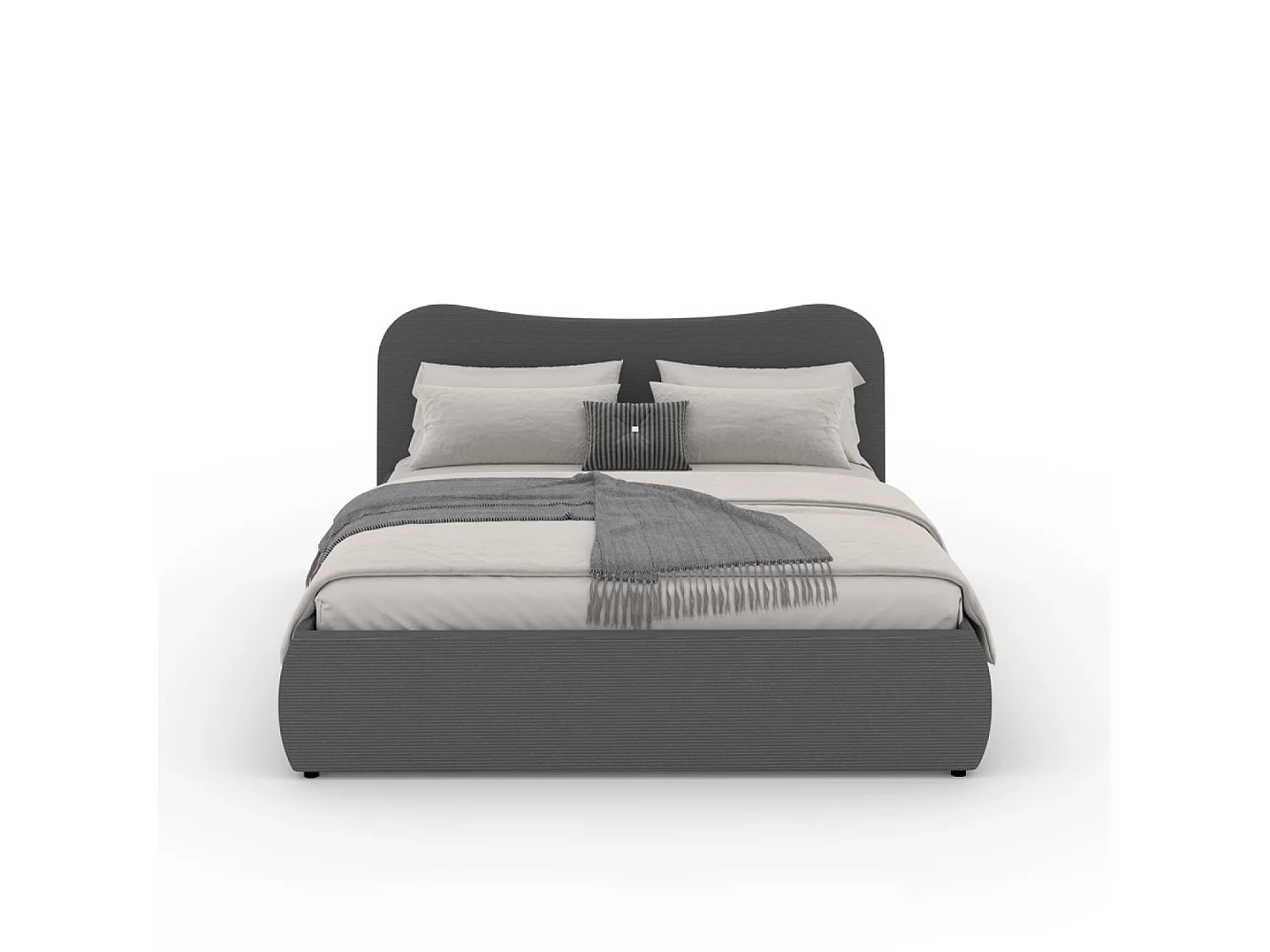Lit coffre 140x190cm design arrondi velours côtelé gris PLANO